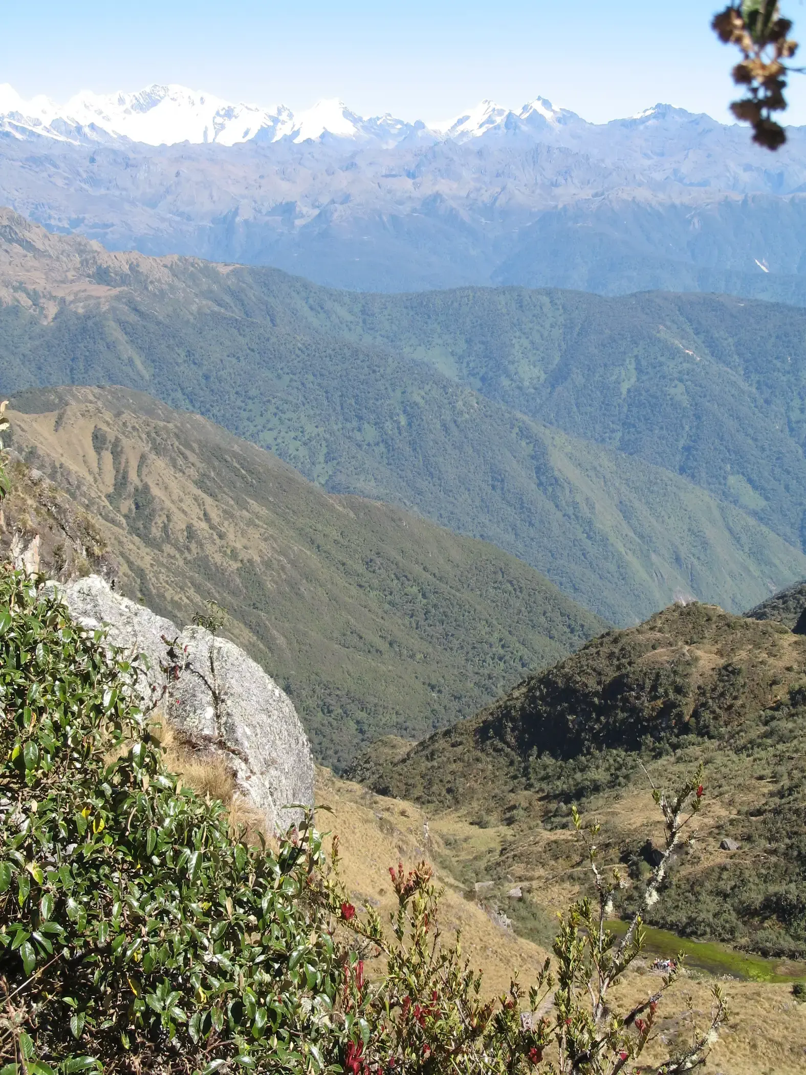 Snow capped peaks and rugged terrain of the Andes Mountains while hiking the Inca Trail, Peru