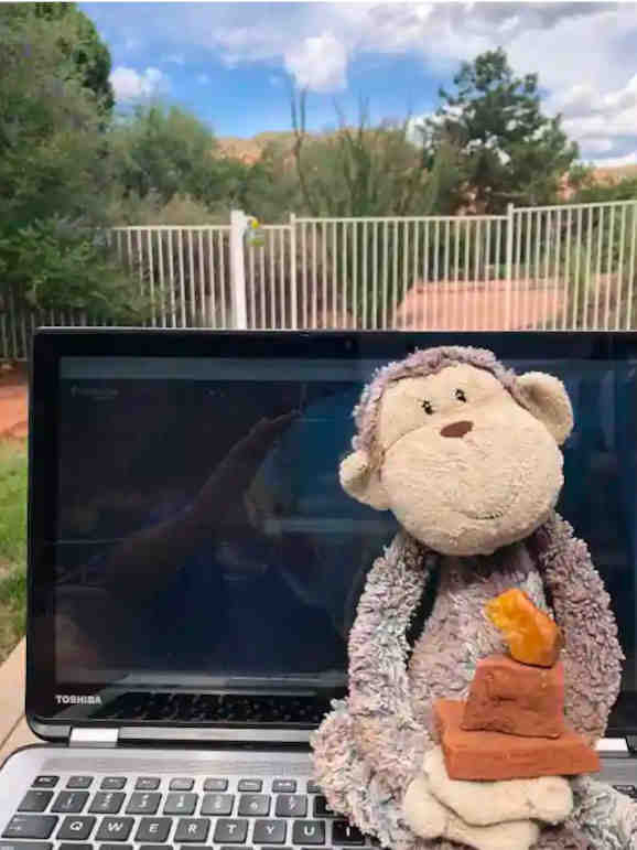 Stuffed animal, Peanut, balancing rocks in Sedona, Arizona